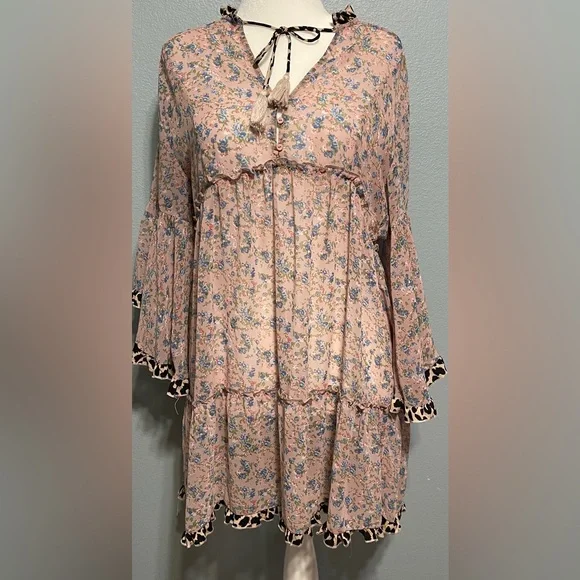 Umgee Leopard Trim Floral Boho Dress Tassel Tie 3/4 Sleeve Cottagecore Large - Picture 1 of 8